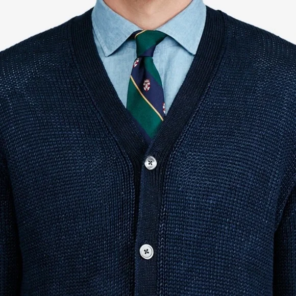POLO RALPH LAUREN LINEN CARDIGAN SWEATER NAVY BLUE S OPEN CHUNKY KNIT V-NECK